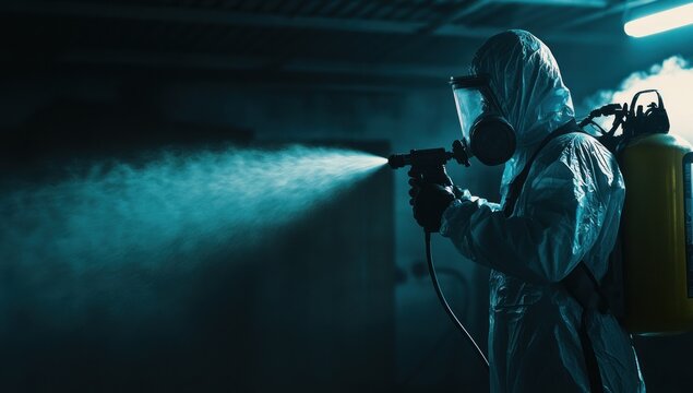 Person in protective hazmat suit and gas mask spraying disinfectant mist for decontamination or pest control.