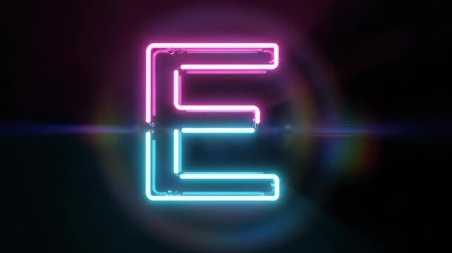 Glowing neon letter E in pink and blue cyberpunk style on a dark background.