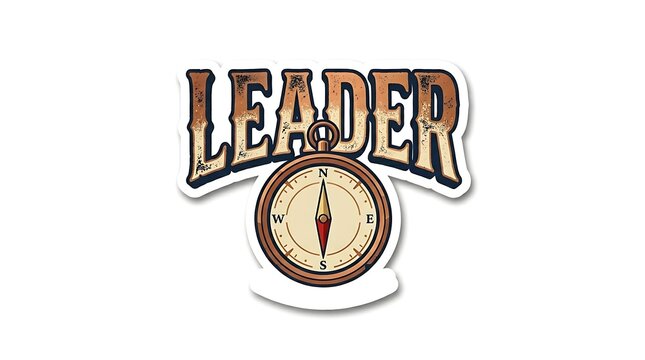 Vintage style 'LEADER' text with a classic compass pointing north, symbolizing guidance, direction, and leadership.