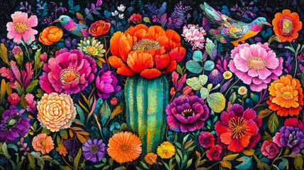 Fototapeta premium Colorful Flowers and Birds Create a Lively Scene in a Garden Filled With Various Blooms and Vibrant Details During Daytime