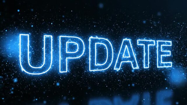 Glowing blue neon update text on a dark digital background representing software maintenance and system upgrades.