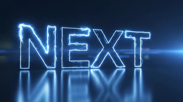 Glowing blue neon text saying next with electric energy effect on a dark background representing future innovation.