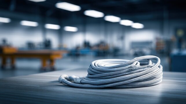 Modern extension cord neatly coiled on workshop table, clean industrial background, electrical maintenance and safety concept, ultra realistic