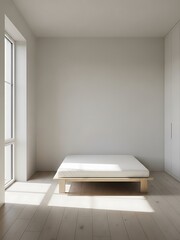 Fototapeta premium Minimalist empty bedroom interior with wooden platform bed and natural sunlight