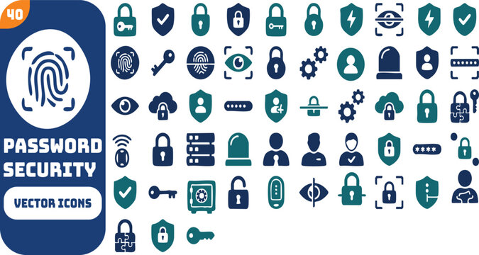 Password security icon set featuring user authentication, biometric login, fingerprint lock, face recognition, secure password manager, and data protection symbols.