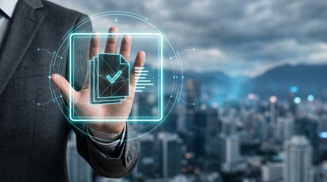 Hand touching digital secure email interface with futuristic network icons and encryption concept