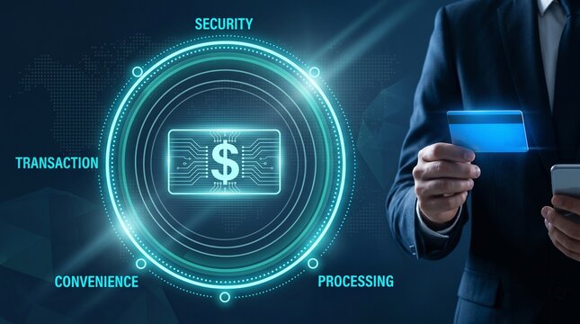 Businessman holding smart card with digital security icons for secure online payments concept