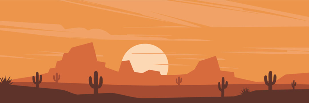 cactus silhouette at sunset desert scene vector illustration