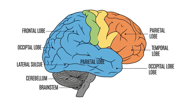 Human Brain Anatomy Diagram Showing Lobes and Key Structures.