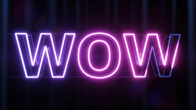Glowing blue and pink neon wow sign on a dark background for marketing and surprise announcements.