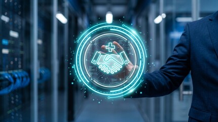 Fototapeta premium Futuristic healthcare technology concept with medical cross on handshake in data center