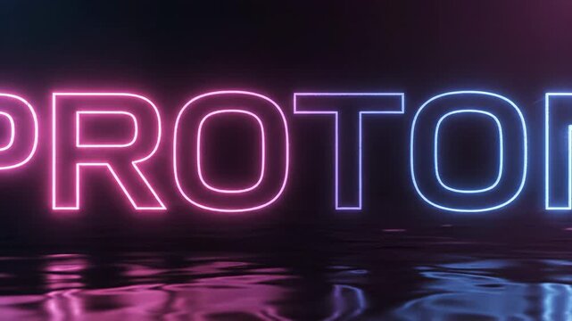 Futuristic neon proton text glowing in blue and pink with water reflection for science and technology concepts.