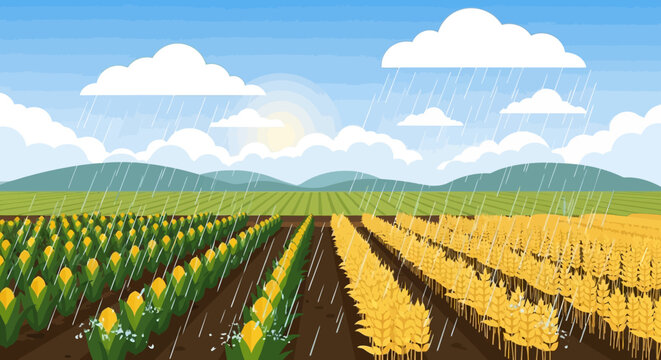Lush agricultural fields with rows of corn and golden wheat under a bright sky.