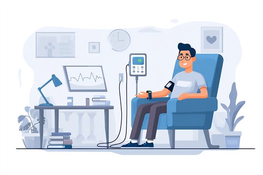 Patient seated in clinic chair receiving IV infusion with vital signs monitor and blood pressure cuff