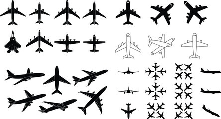 Fototapeta premium Airplane Silhouette Collection Featuring Commercial Passenger Aircraft Top View Side View and Aviation Icons
