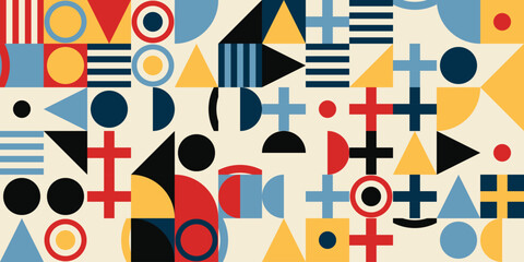 Obraz premium Abstract geometric seamless pattern with colorful shapes and symbols in bauhaus style