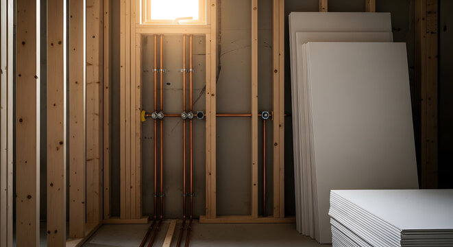 House construction site with wood framing and copper plumbing pipes | Plasterboard and drywall sheets stacked for installation | Home renovation project | Residential building site | Carpentry and plu