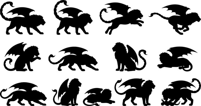 Bundle of manticore silhouettes depicting the legendary creature in multiple active and static poses
