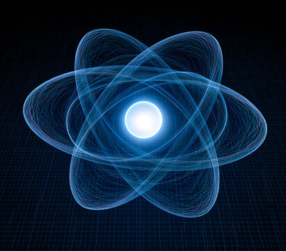 Atomic Orbitals Visualization: A glowing blue nucleus at the center is orbited by swirling electron shells, representing the fundamental structure of an atom and the principles of quantum mechanics.