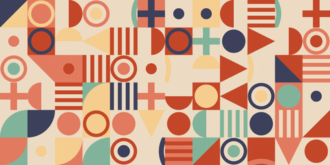 Abstract geometric pattern with circles, triangles, crosses and stripes in retro colors © Digital Dreamscapes