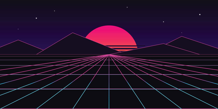 Retro 80s synthwave landscape with glowing sun and digital grid horizon