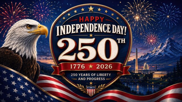 Vibrant illustration of a bald eagle and american flag celebrating us 250th independence day with festive fireworks.