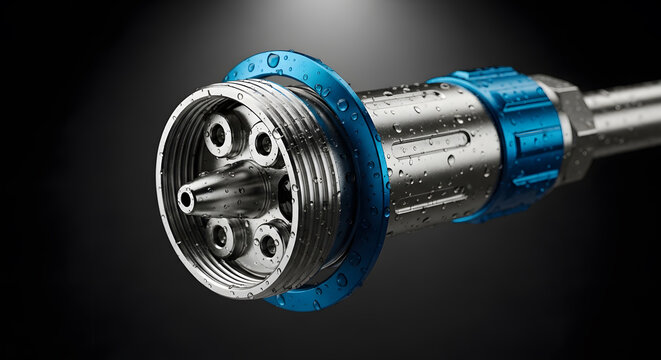 High-Pressure Industrial Spray Nozzle with Water Droplets | Precision Engineering Stainless Steel Connector | Advanced Mechanical Manufacturing Component | Fluid Dynamics and Irrigation Technology