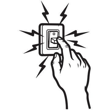 Hand pressing a light switch with electric sparks for power activation vector illustration