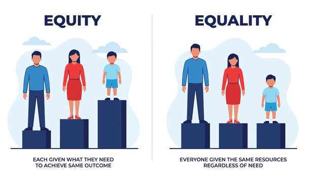 Colorful flat vector illustration comparing the social concepts of equity and equality for diverse people groups