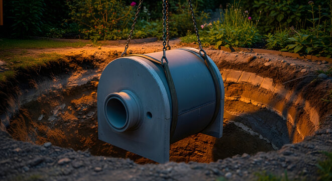 Concrete Septic Tank Installation in Residential Garden | Professional Wastewater Management System Construction | Sustainable Drainage Maintenance | Excavation for Sewer Treatment Plant at Dusk | Mod