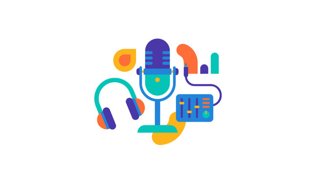Professional Microphone With Headphones And Audio Gear.
