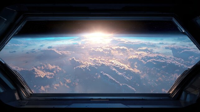 View through futuristic spacecraft observation window toward Earth glowing above clouds, cinematic lighting, awe inspiring exploration concept, hyper