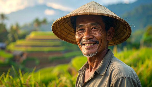 Smiling farmer in traditional hat with rice terraces and mountains