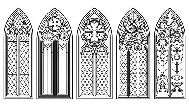 Set of five intricate gothic window frame vector designs featuring detailed architectural patterns and black outlines