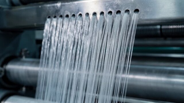 Close medium shot capturing the bright polyester staple fiber extrusion with vibrant glossy filaments emerging steadily from spinneret holes under controlled factory lighting