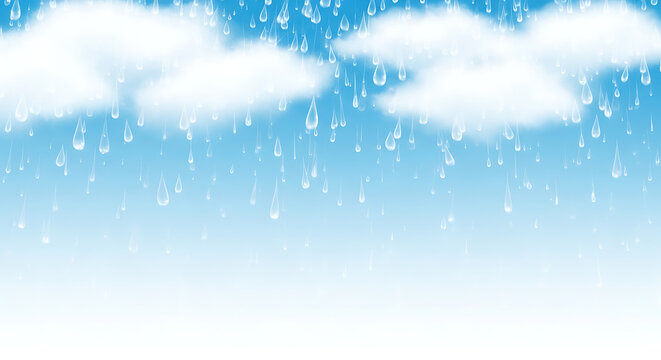 Soft cartoon rain falling from white clouds against blue sky background with raindrops meteorology atmosphere environment illustration background precipitation