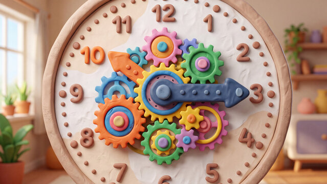 Playful Colorful Clay Clock with Intricate Gears and Numbers, Handmade Educational Design