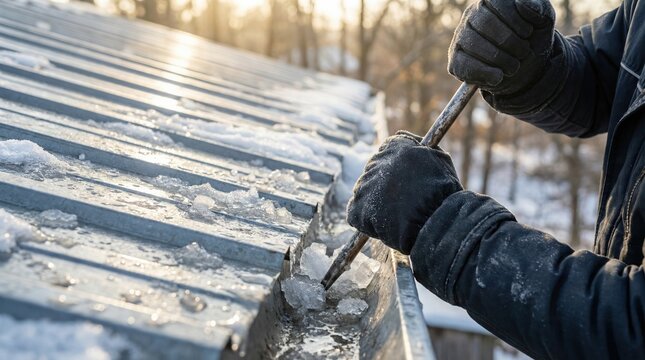 Professional worker cleaning frozen ice and snow from residential roof gutters during winter maintenance.