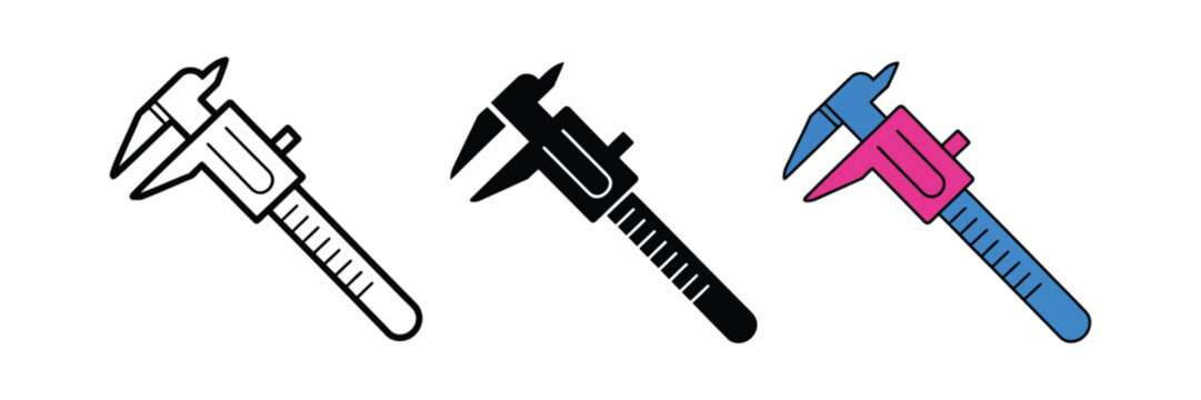 Vernier caliper icons representing precision measurement tools for engineering, metalworking, and technical drafting in outline, glyph, and colorful vector formats, suitable for industrial design,