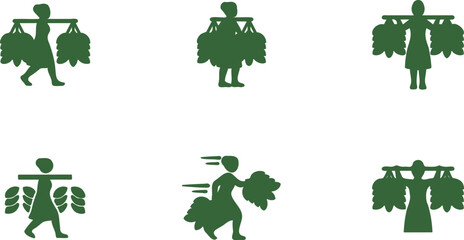 Set of six green silhouette icons representing people carrying bundles of crops or vegetation on their shoulders © Kahima