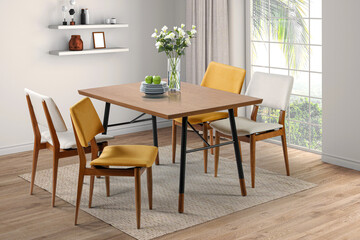 Fototapeta premium 3D render of a bright and modern dining room. The scene features a clean interior with a large window, indoor plants, and decorative wall shelves.