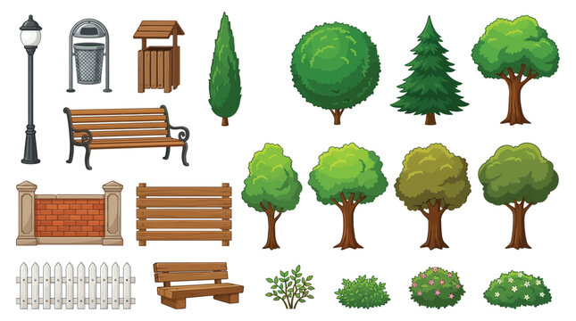 Colorful vector graphic collection featuring various park trees benches fences and outdoor street light elements
