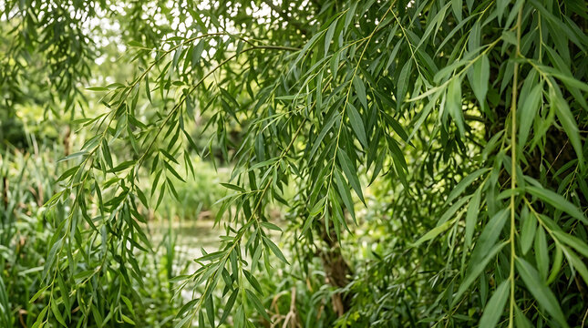 Verdant osier willow leaves hanging gracefully in a dense cluster against a soft natural foliage backdrop, representing organic growth, botanical beauty, and fresh ecological environment.