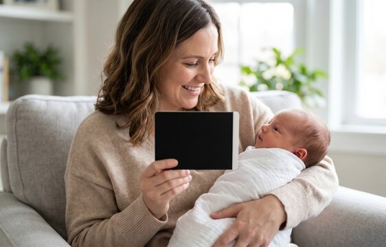 Loving mother with newborn infant holding a tablet, celebrating new life