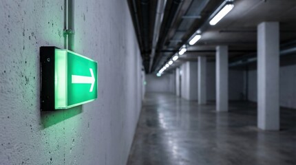 Obraz premium Green illuminated emergency exit sign with arrow on a concrete wall in an empty underground parking garage.