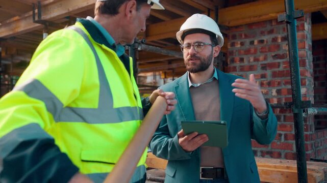 Man, engineer or tablet on construction site for meeting, budget update or compliance requirements. Building funder, project manager or tech at scaffolding for blueprint review, discussion or safety