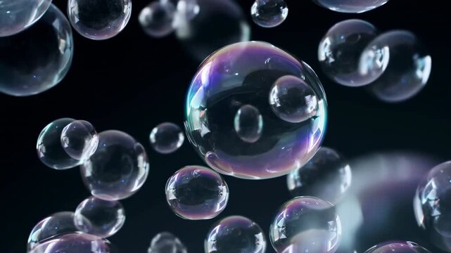Iridescent soap bubbles floating against a black background