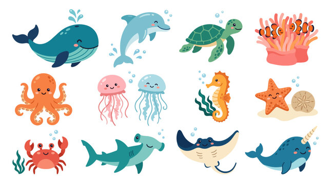 Ocean Sea Life Marine Animal Flat Illustration Vector Set with Whale Dolphin Turtle Octopus Jellyfish Seahorse and Coastal Design
