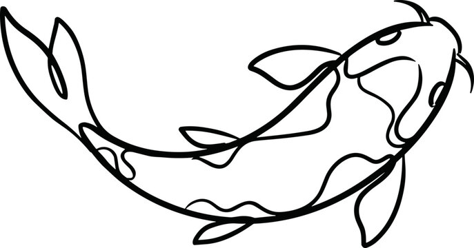 Minimalist black line art of a koi fish, elegant and simple design, isolated on white background