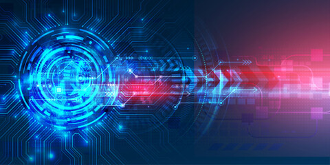 Obraz premium Futuristic digital interface with glowing circular elements and high speed motion arrows in blue red colors.